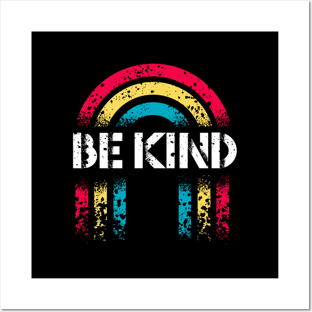 Be Kind Vintage Rainbow Peace Hippie Retro Distressed worn out design Wall Art by A Comic Wizard